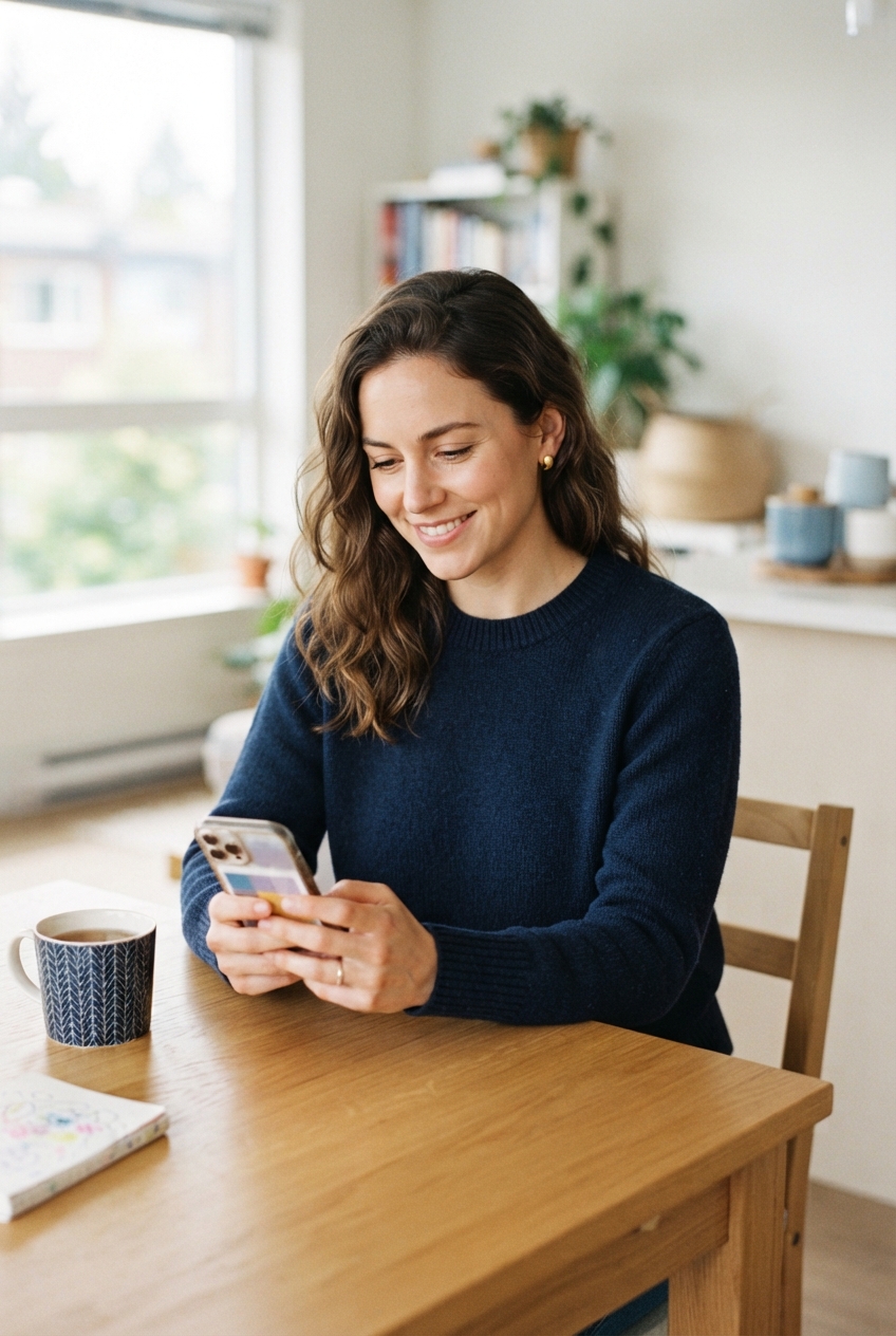 Smiling woman in a navy sweater uses a smartphone at a wooden table beside a patterned mug.