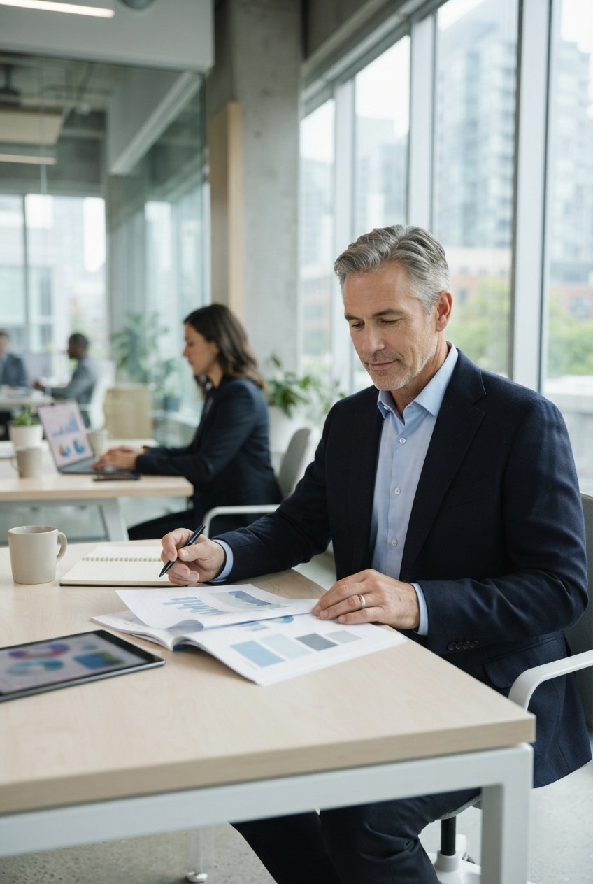 Gray-haired businessman reviews charts at a desk in a bright modern office.