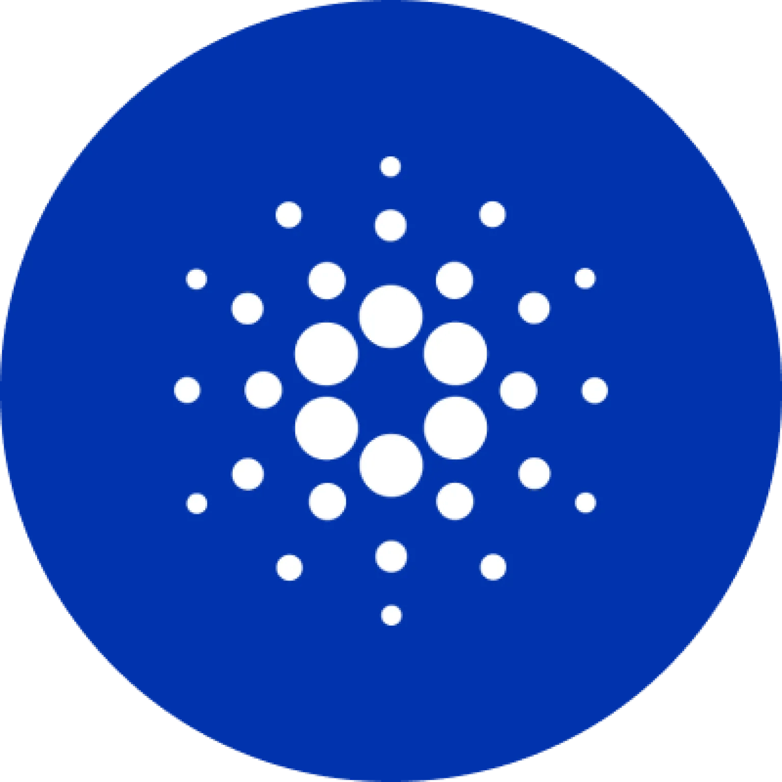 White circles form a symmetrical radial pattern inside a large blue circle on a black background.