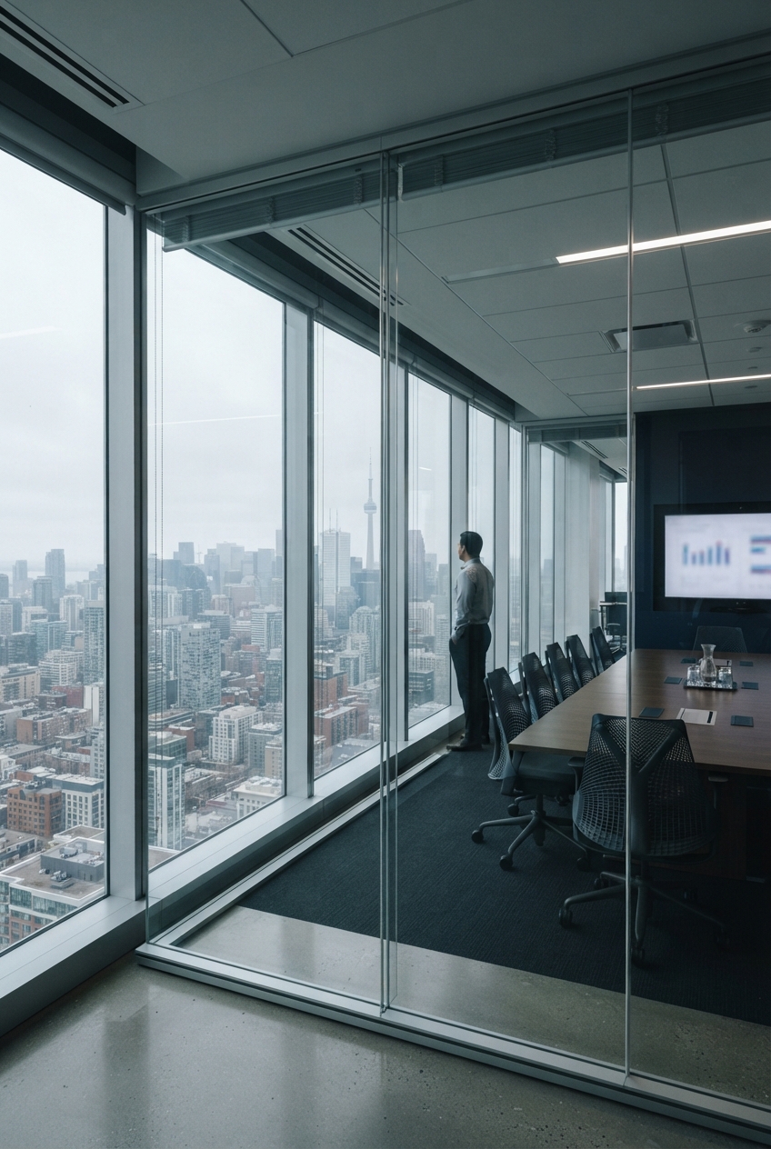 Glass-walled conference room overlooking a dense city skyline, with a person by the windows and a conference table.